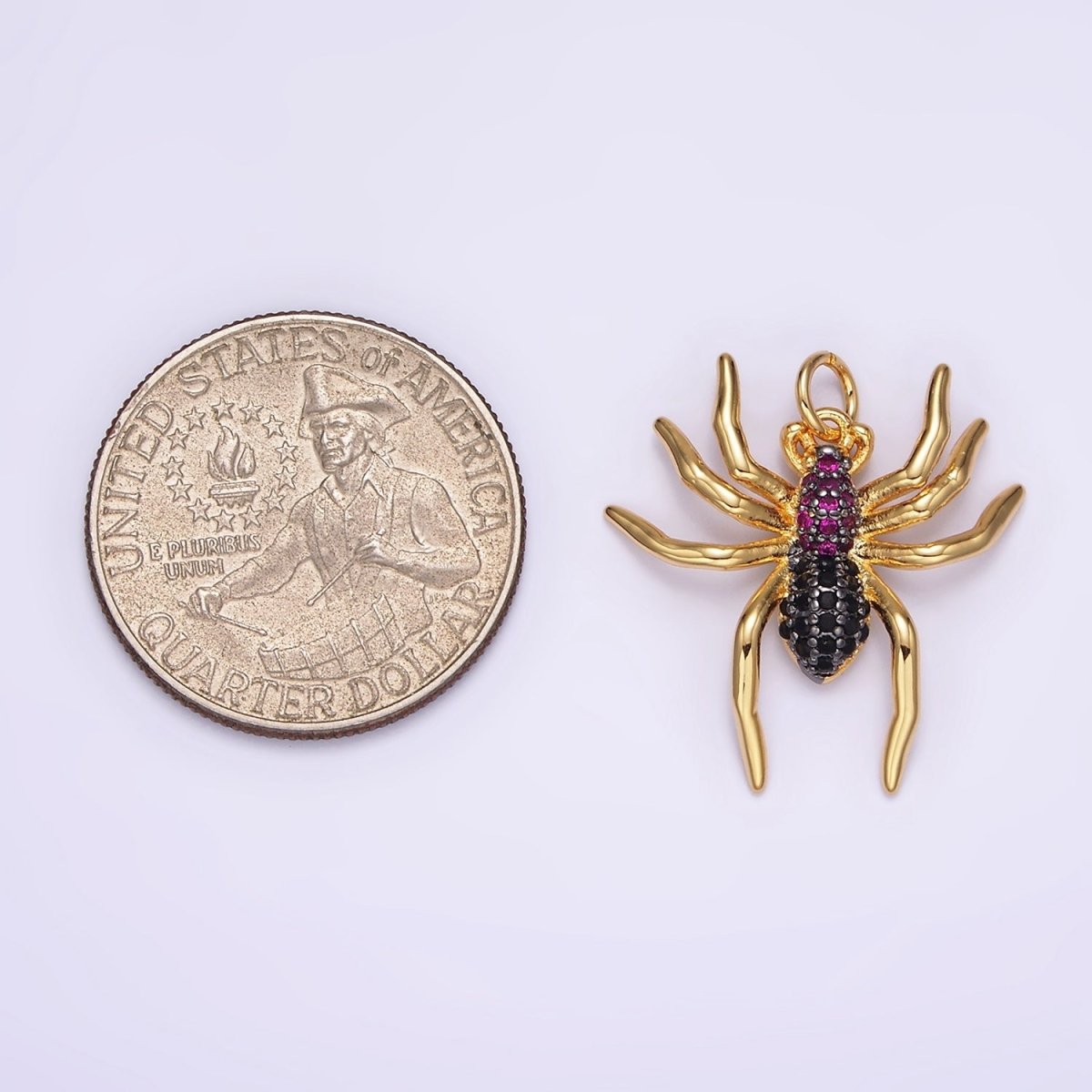 14K Gold Filled Widow Spider Insect Animal Fuchsia Micro Paved CZ Charm in Black & Gold | AG383 AG384