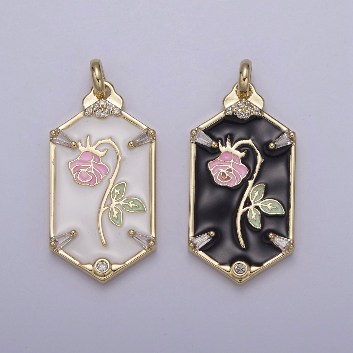 14k Gold Filled Wilted Pink Rose Charm White black Enamel Flower necklace Pendant Belle Beauty and the Beast Floral Bracelet Hexagon Tag Charm N-760 N-762