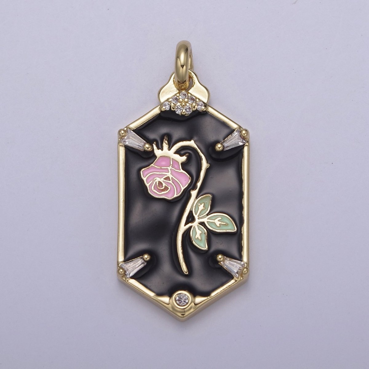 14k Gold Filled Wilted Pink Rose Charm White black Enamel Flower necklace Pendant Belle Beauty and the Beast Floral Bracelet Hexagon Tag Charm N-760 N-762