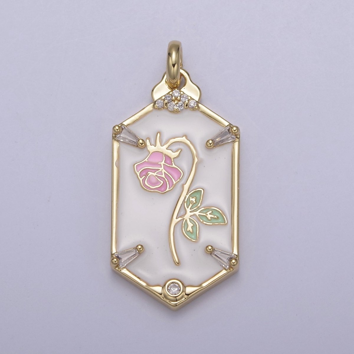 14k Gold Filled Wilted Pink Rose Charm White black Enamel Flower necklace Pendant Belle Beauty and the Beast Floral Bracelet Hexagon Tag Charm N-760 N-762