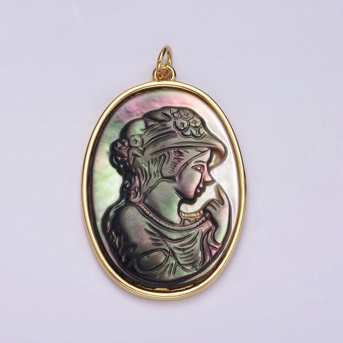 14K Gold Filled Women Lady Face Portrait Cameo Natural Abalone Pearl Bezel Oval Charm | AG517