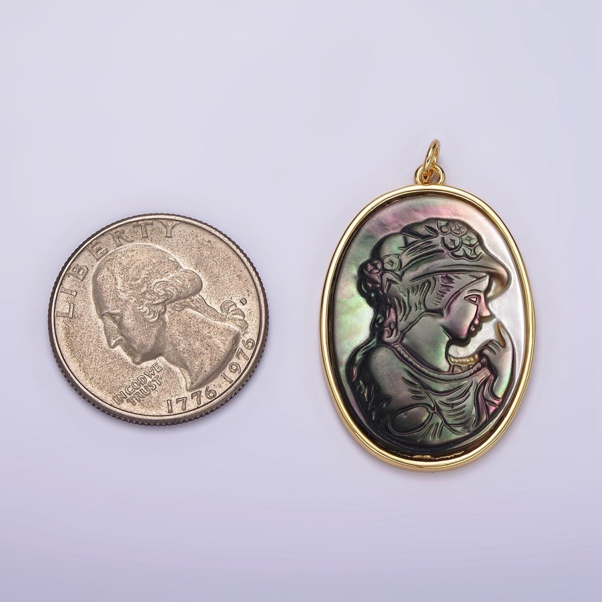 14K Gold Filled Women Lady Face Portrait Cameo Natural Abalone Pearl Bezel Oval Charm | AG517