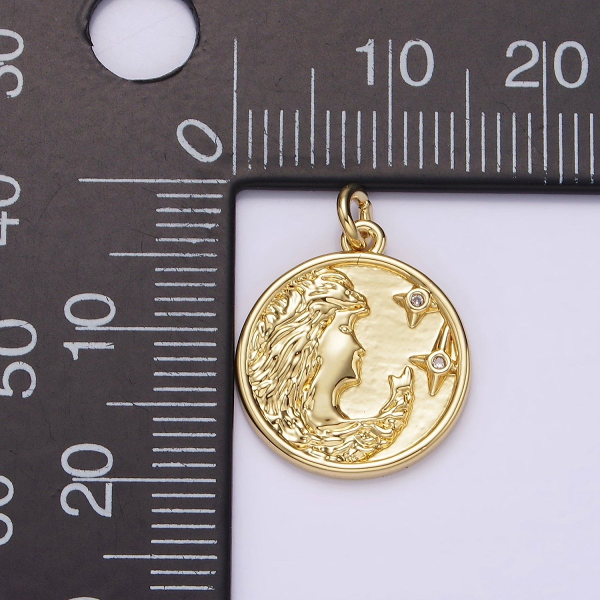 14K Gold Filled Women Portrait Cameo Double CZ Celestial Star Round Charm | AG315