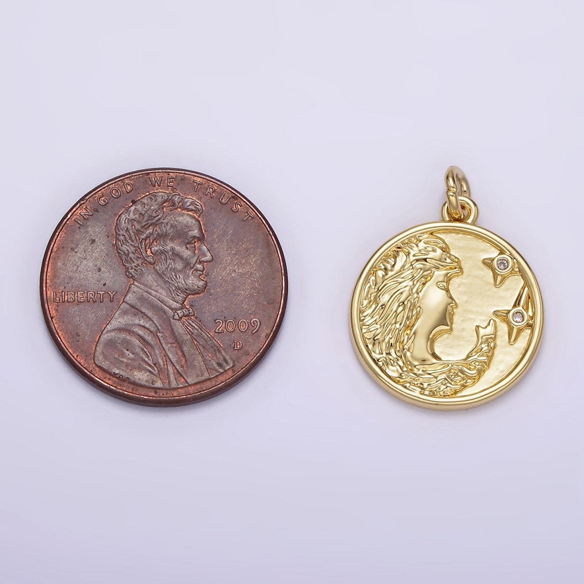 14K Gold Filled Women Portrait Cameo Double CZ Celestial Star Round Charm | AG315