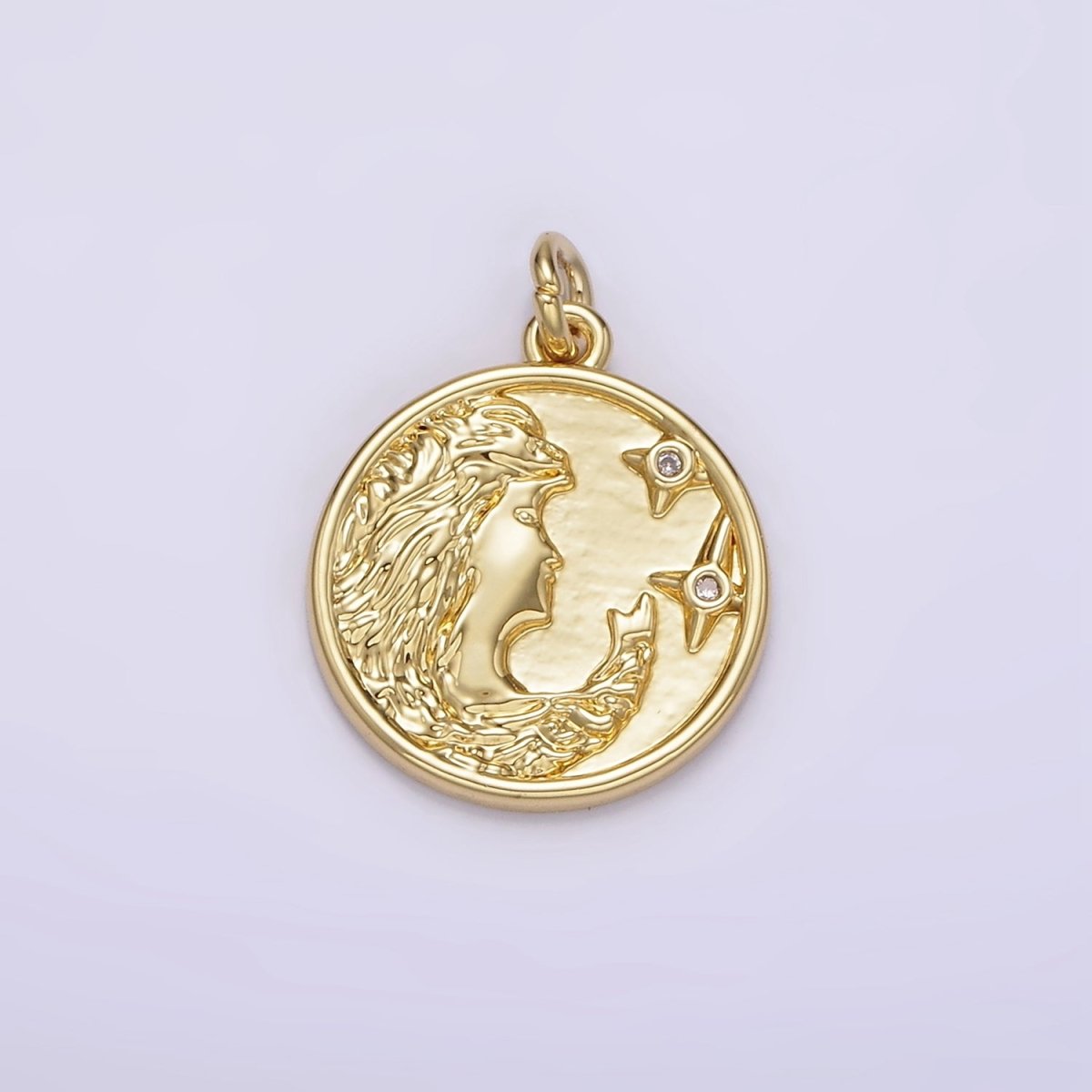 14K Gold Filled Women Portrait Cameo Double CZ Celestial Star Round Charm | AG315