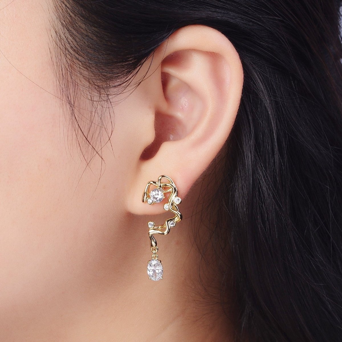 14K Gold Geometric Abstract Round Oval Cubic Zirconia Drop Stud Earrings | AD-062