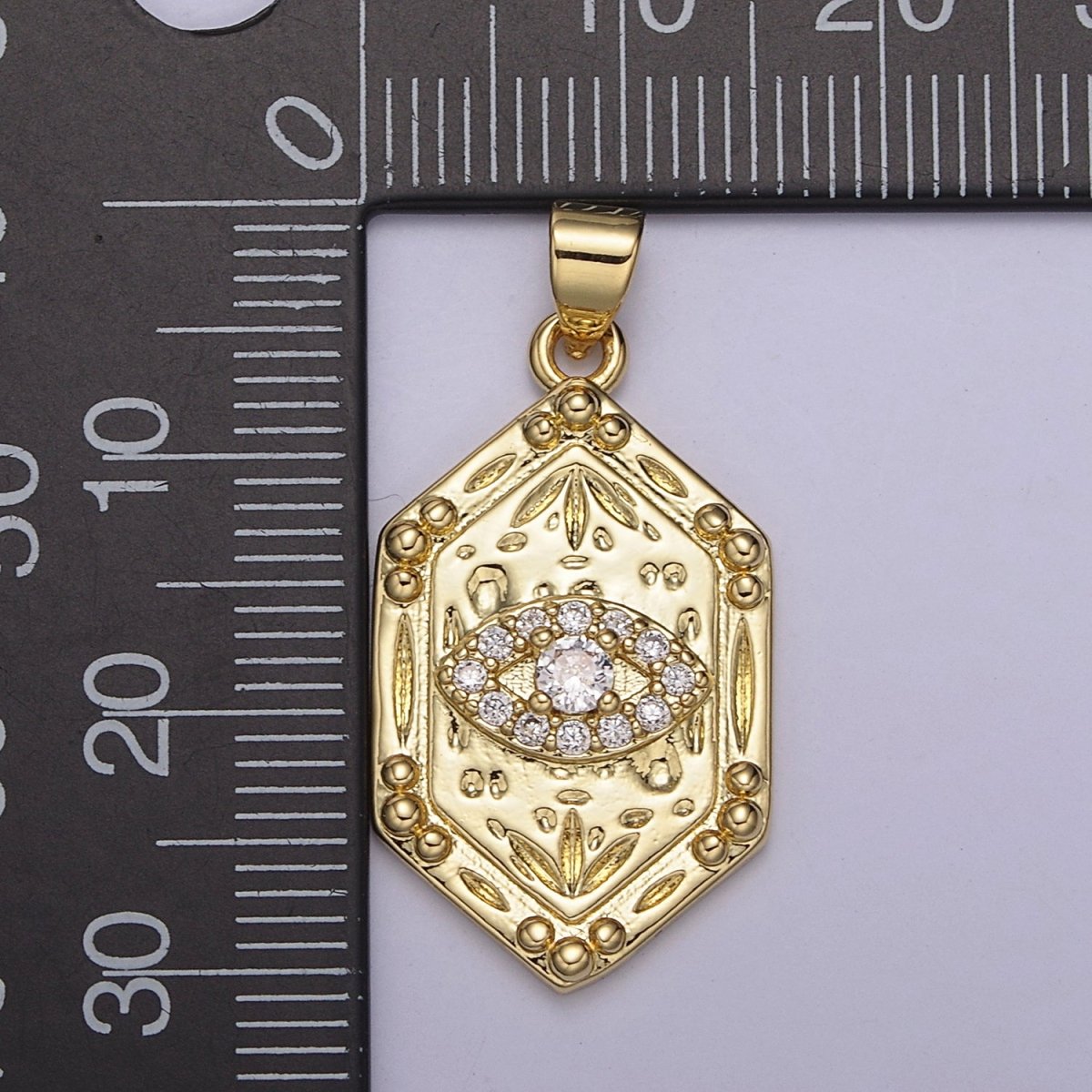 14K Gold Hexagon Micro Pave CZ Evil Eye Pendant, Cubic Zirconia Eye of Ra Charm For DIY Jewelry Making Supply H-790
