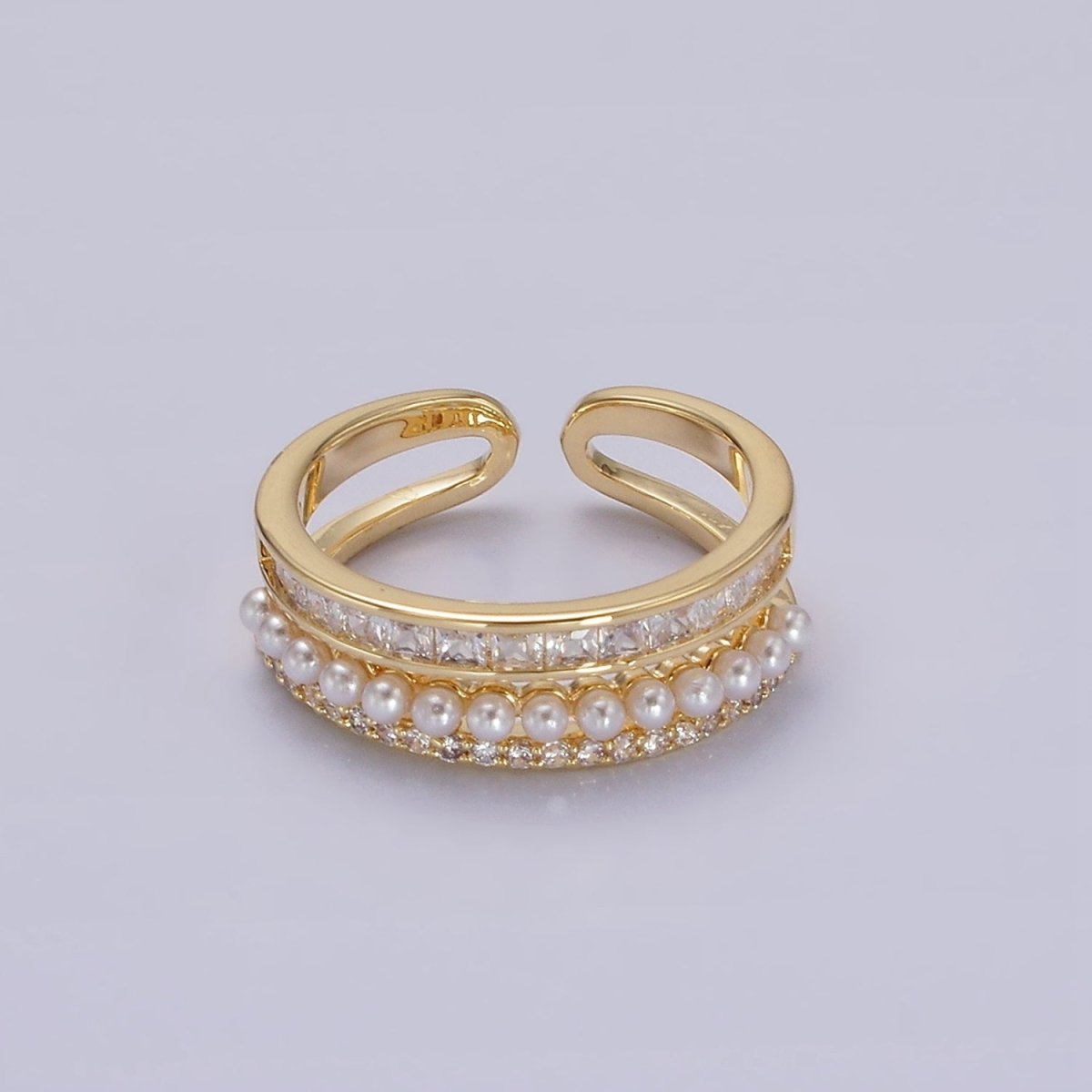 14K Gold Plated Pearl Clear Baguette Micro Paved CZ Double Band Ring | O1188