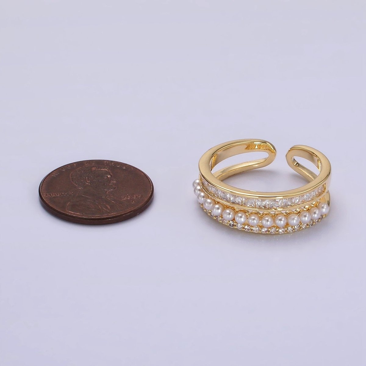 14K Gold Plated Pearl Clear Baguette Micro Paved CZ Double Band Ring | O1188