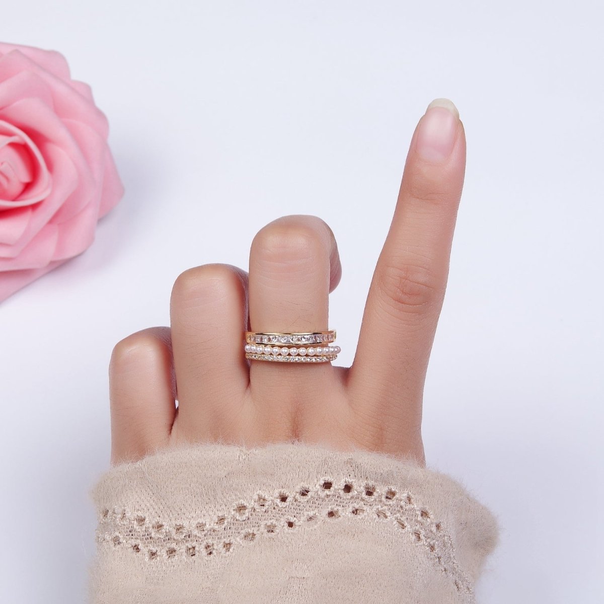 14K Gold Plated Pearl Clear Baguette Micro Paved CZ Double Band Ring | O1188