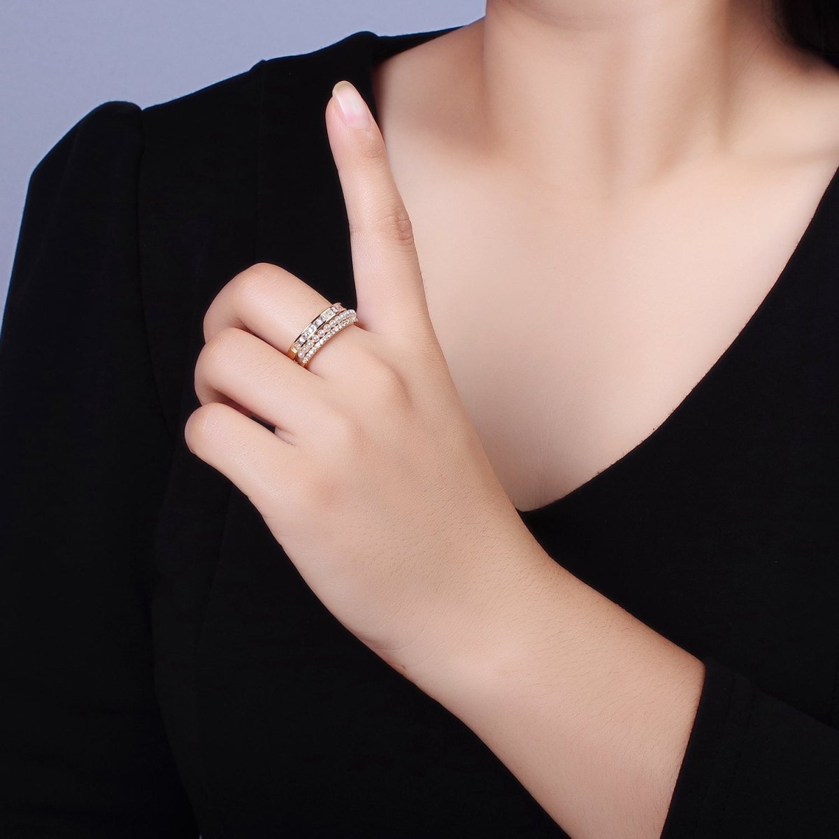 14K Gold Plated Pearl Clear Baguette Micro Paved CZ Double Band Ring | O1188