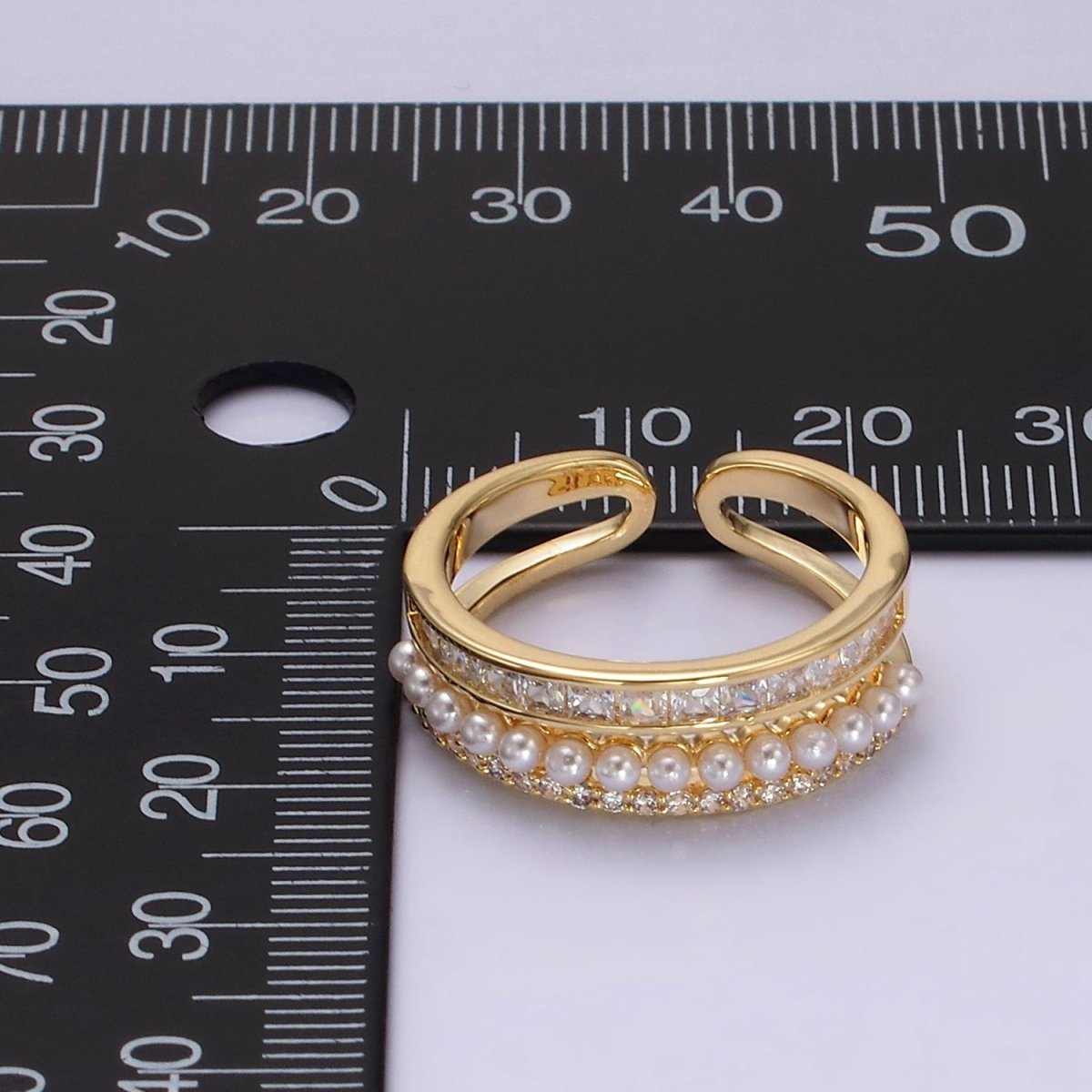 14K Gold Plated Pearl Clear Baguette Micro Paved CZ Double Band Ring | O1188