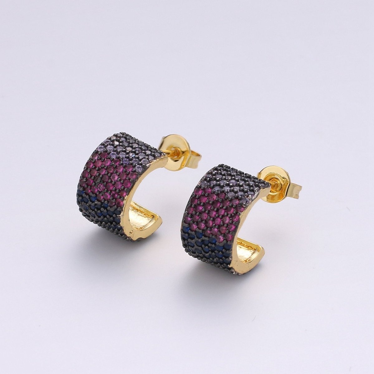 14K Gold Plated Sterling Silver Tiny Black Hoop Earrings, Huggie Hoops, Small Dainty Hoop Earring, Purple Ombre Earring Cartilage Q-162