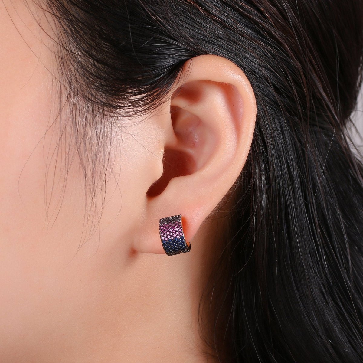 14K Gold Plated Sterling Silver Tiny Black Hoop Earrings, Huggie Hoops, Small Dainty Hoop Earring, Purple Ombre Earring Cartilage Q-162