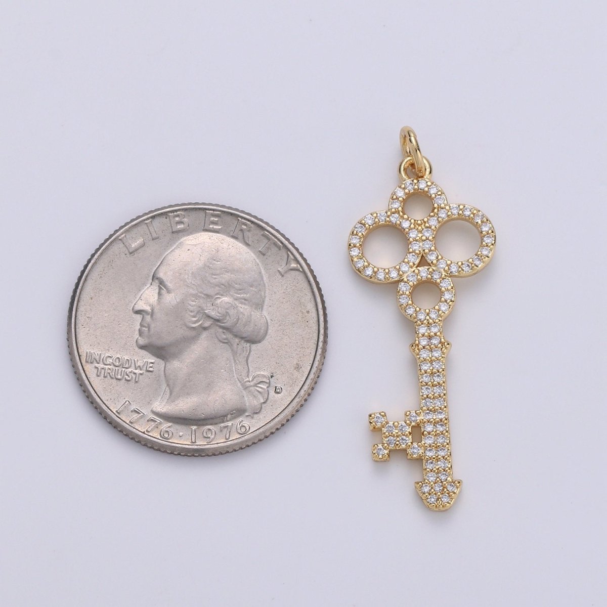 14k Olympic Key Gold Plated Micro Pave Cubic Clover Key Pendant Charm, Micro Pave  CZ Key Pendant Charm,For DIY Jewelry  E-561