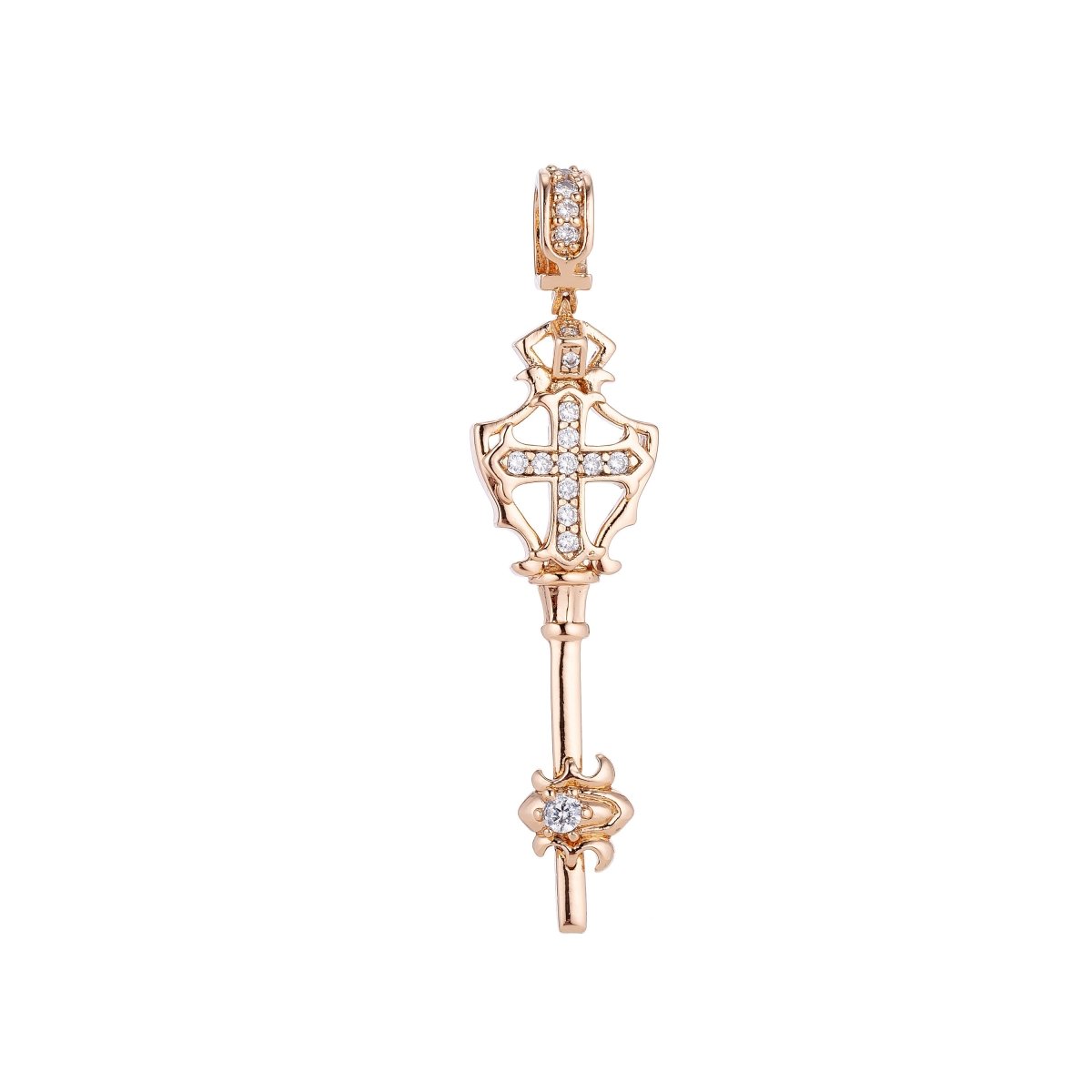14k Rose Gold Filled Royal Staff Cross, Dainty Wand, Cubic Zirconia Necklace Pendant Charm Bails Findings for Jewelry Making H-661