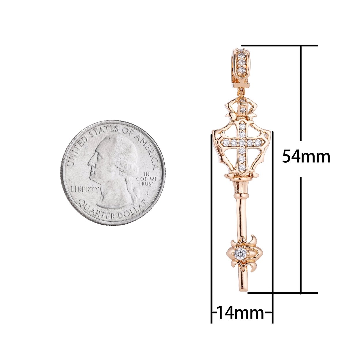 14k Rose Gold Filled Royal Staff Cross, Dainty Wand, Cubic Zirconia Necklace Pendant Charm Bails Findings for Jewelry Making H-661