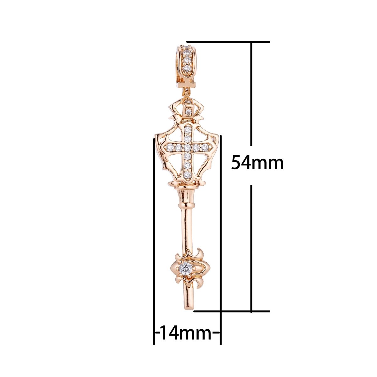 14k Rose Gold Filled Royal Staff Cross, Dainty Wand, Cubic Zirconia Necklace Pendant Charm Bails Findings for Jewelry Making H-661