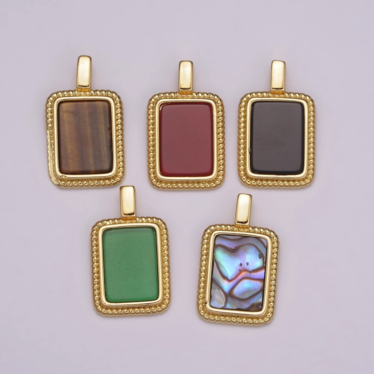 14K Yellow Gold Filled Square Gemstone Medallion Pendant Abalone, Tiger Eye, Carnelian, Black ,Green Agate for Vintage Classic Minimalist Jewelry N-473 - N-477