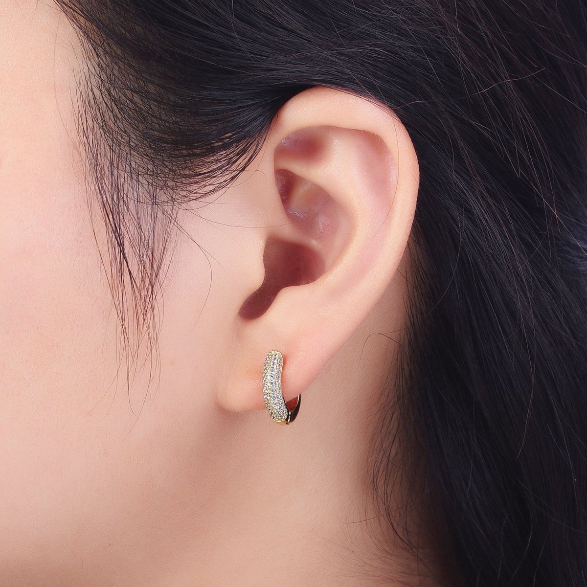 14mm Clear Micro Paved CZ Gold Huggie Hoop Earrings  P-395