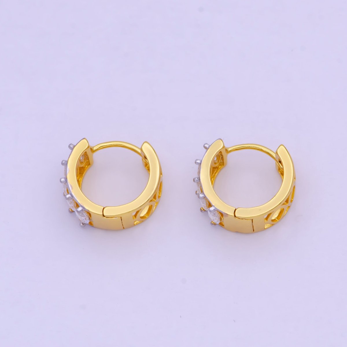 14mm Gold Marquise Cubic Zirconia Mixed Metal Cartilage Huggie Earrings | T-139