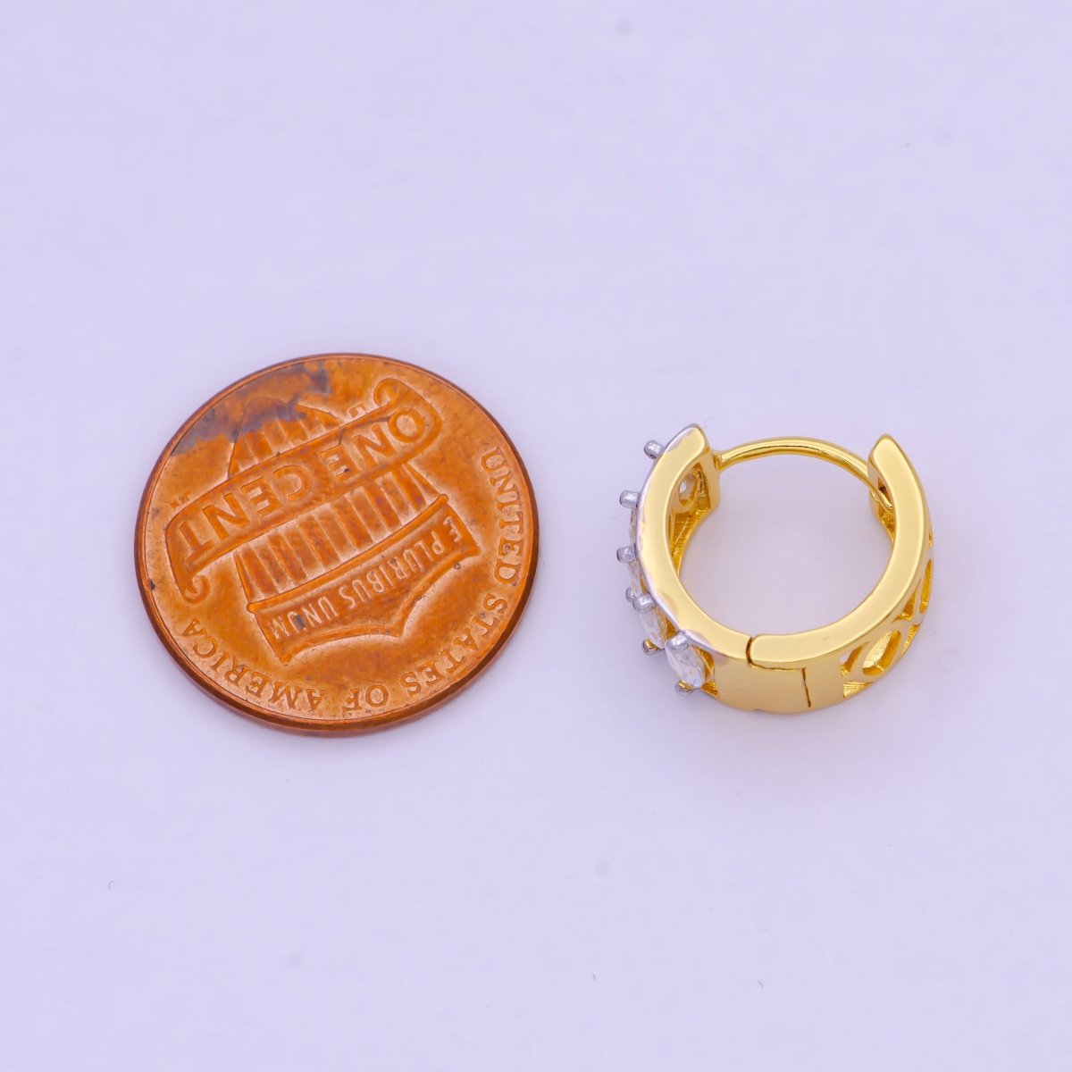 14mm Gold Marquise Cubic Zirconia Mixed Metal Cartilage Huggie Earrings | T-139