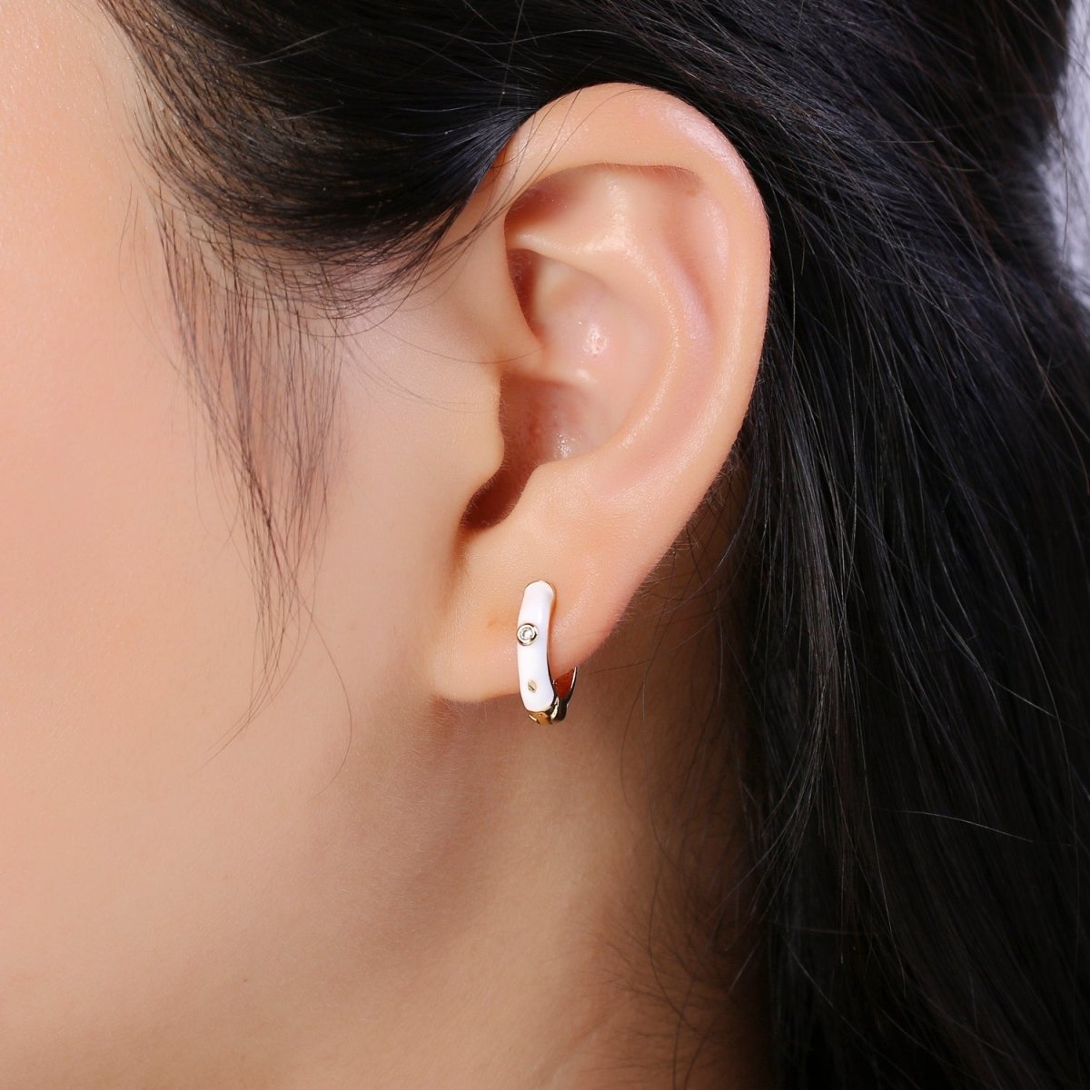 14mm White Enamel Gold Hoop Earring, Small Huggie Earring P-102