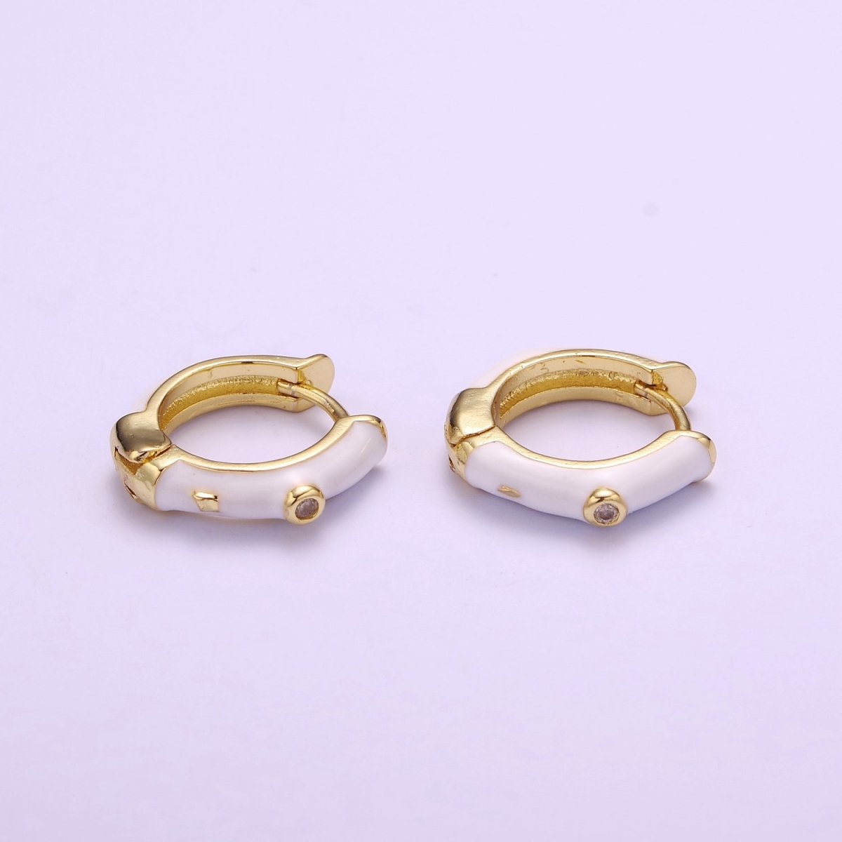 14mm White Enamel Gold Hoop Earring, Small Huggie Earring P-102