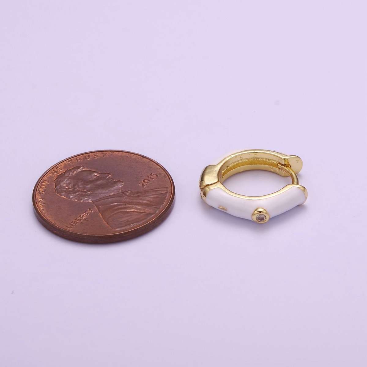 14mm White Enamel Gold Hoop Earring, Small Huggie Earring P-102