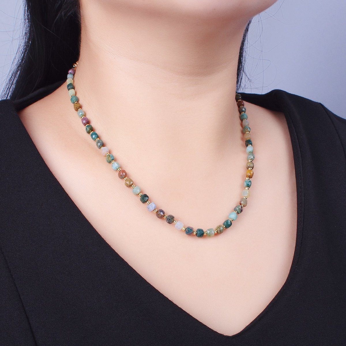 15.5 Inch Natural Moss Agate Multifaceted Cube Gemstone w. Gold Bead Choker Necklace | WA-1423 Clearance Pricing