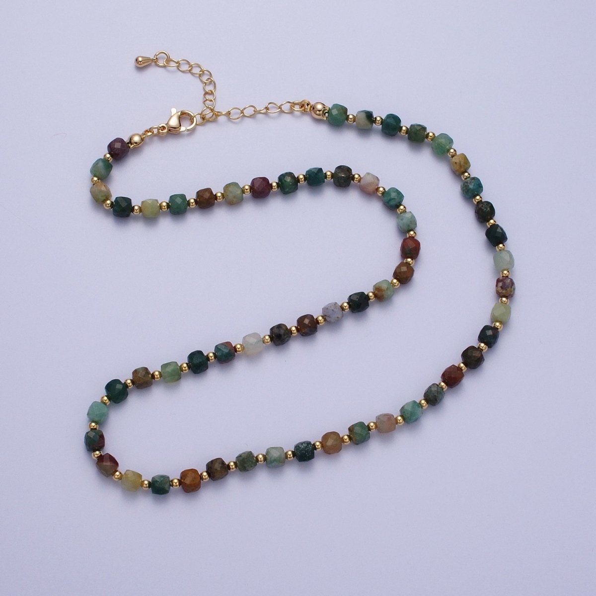 15.5 Inch Natural Moss Agate Multifaceted Cube Gemstone w. Gold Bead Choker Necklace | WA-1423 Clearance Pricing