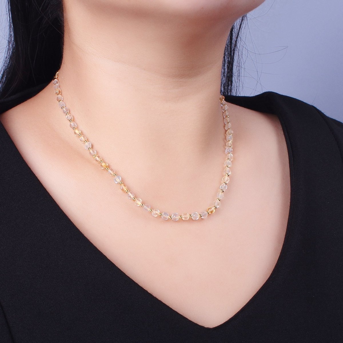 15.5 Inch Natural Yellow Citrine Multifaceted Cube Gemstone w. Gold Bead Choker Necklace | WA-1425 Clearance Pricing
