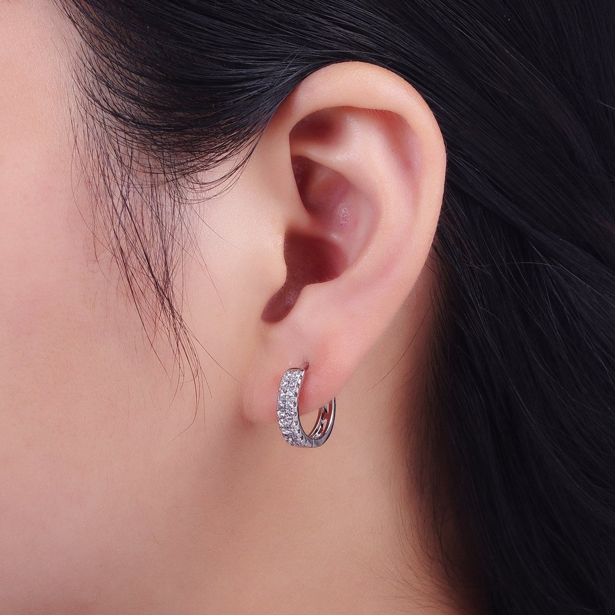 15.5mm Double Micro Paved CZ Huggie Hoop Cartilage Earrings in Gold & Silver | AD-050 AD-052