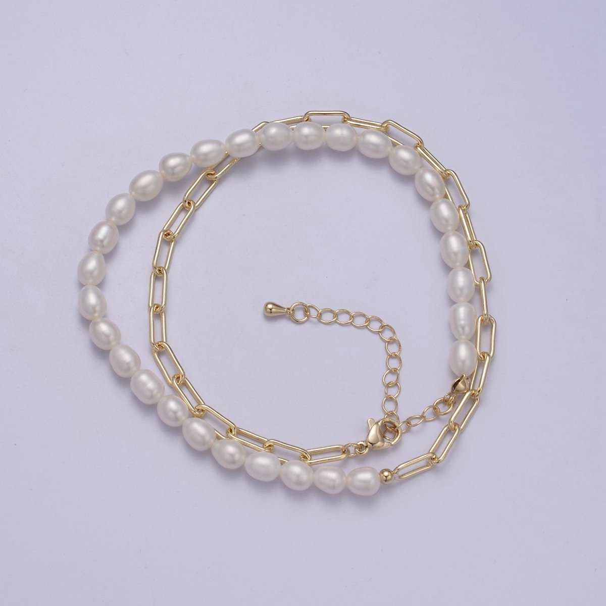 16 Inch Half Freshwater Pearl, Half Paperclip Chain Gold Filled Necklace | WA-1223 Clearance Pricing