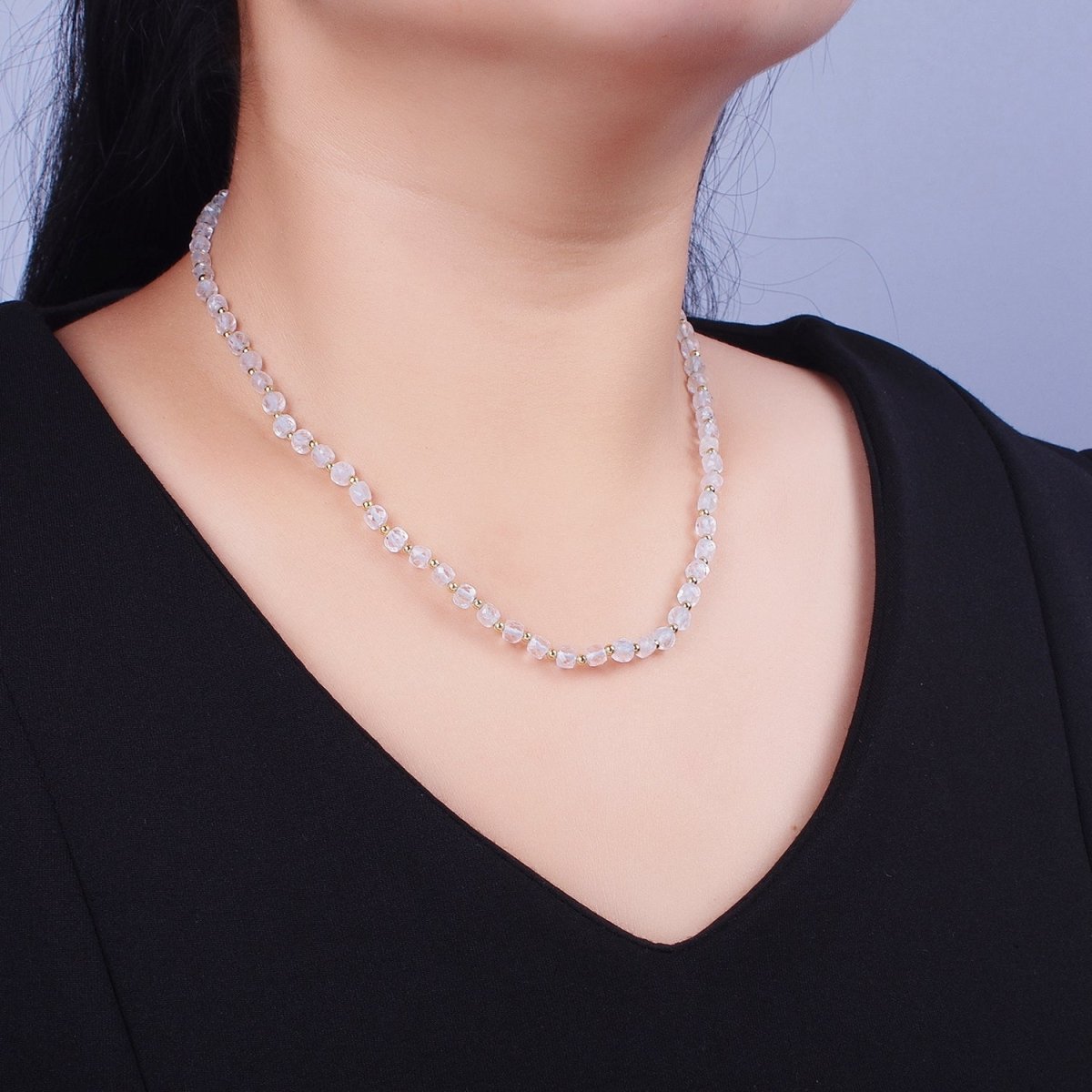 16 Inch Natural Light Blue Aquamarine Multi Faceted Cube Gemstone w. Gold Bead Choker Necklace | WA-1447 Clearance Pricing