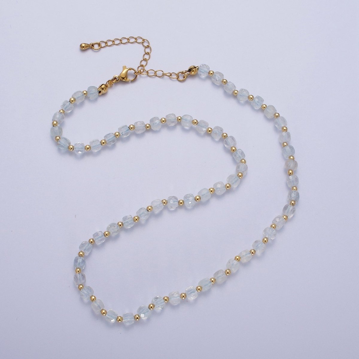 16 Inch Natural Light Blue Aquamarine Multi Faceted Cube Gemstone w. Gold Bead Choker Necklace | WA-1447 Clearance Pricing