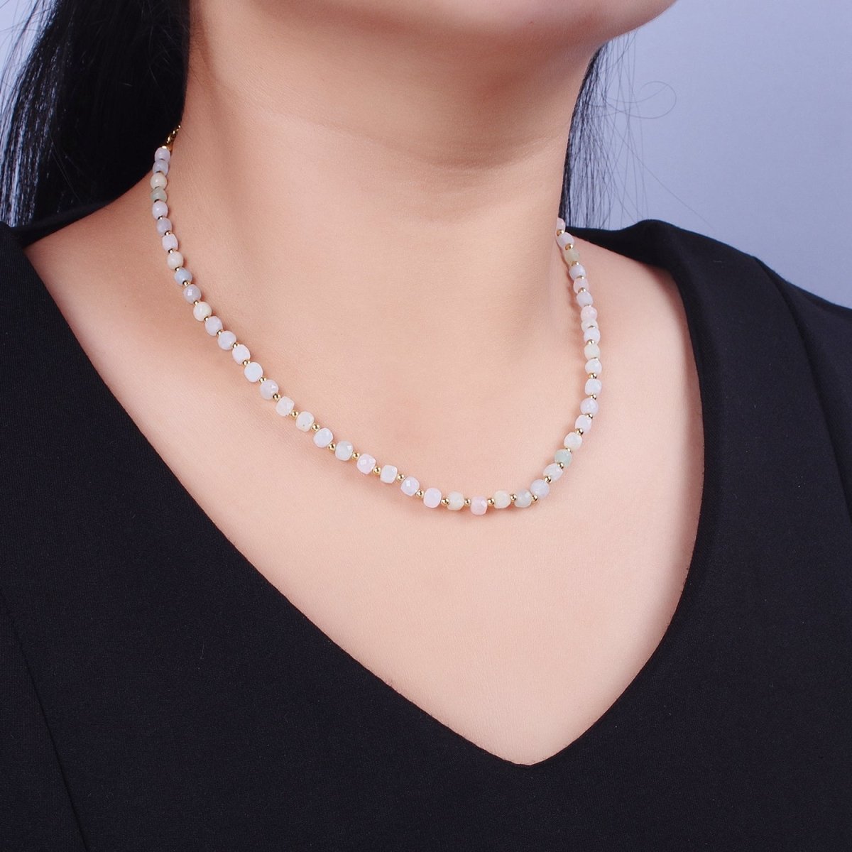 16 Inch Natural Morganite Multifaceted Cube Gemstone w. Gold Bead Choker Necklace | WA-1479 Clearance Pricing