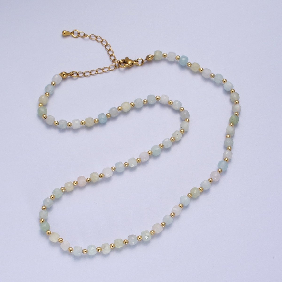 16 Inch Natural Morganite Multifaceted Cube Gemstone w. Gold Bead Choker Necklace | WA-1479 Clearance Pricing