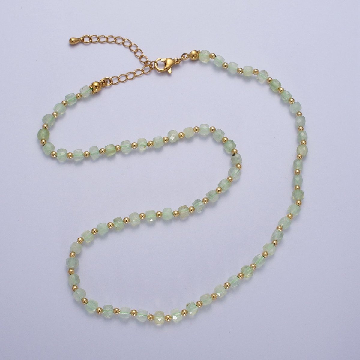 16 Inch Natural Prestolite Green Multifaceted Cube Gemstone w. Gold Bead Choker Necklace | WA-1446 Clearance Pricing