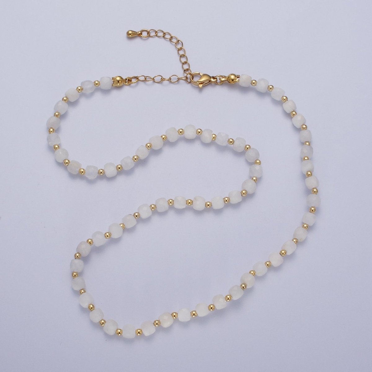 16 Inch Natural White Jade Multi Faceted Cube Gemstone w. Gold Bead Choker Necklace | WA-1445 Clearance Pricing