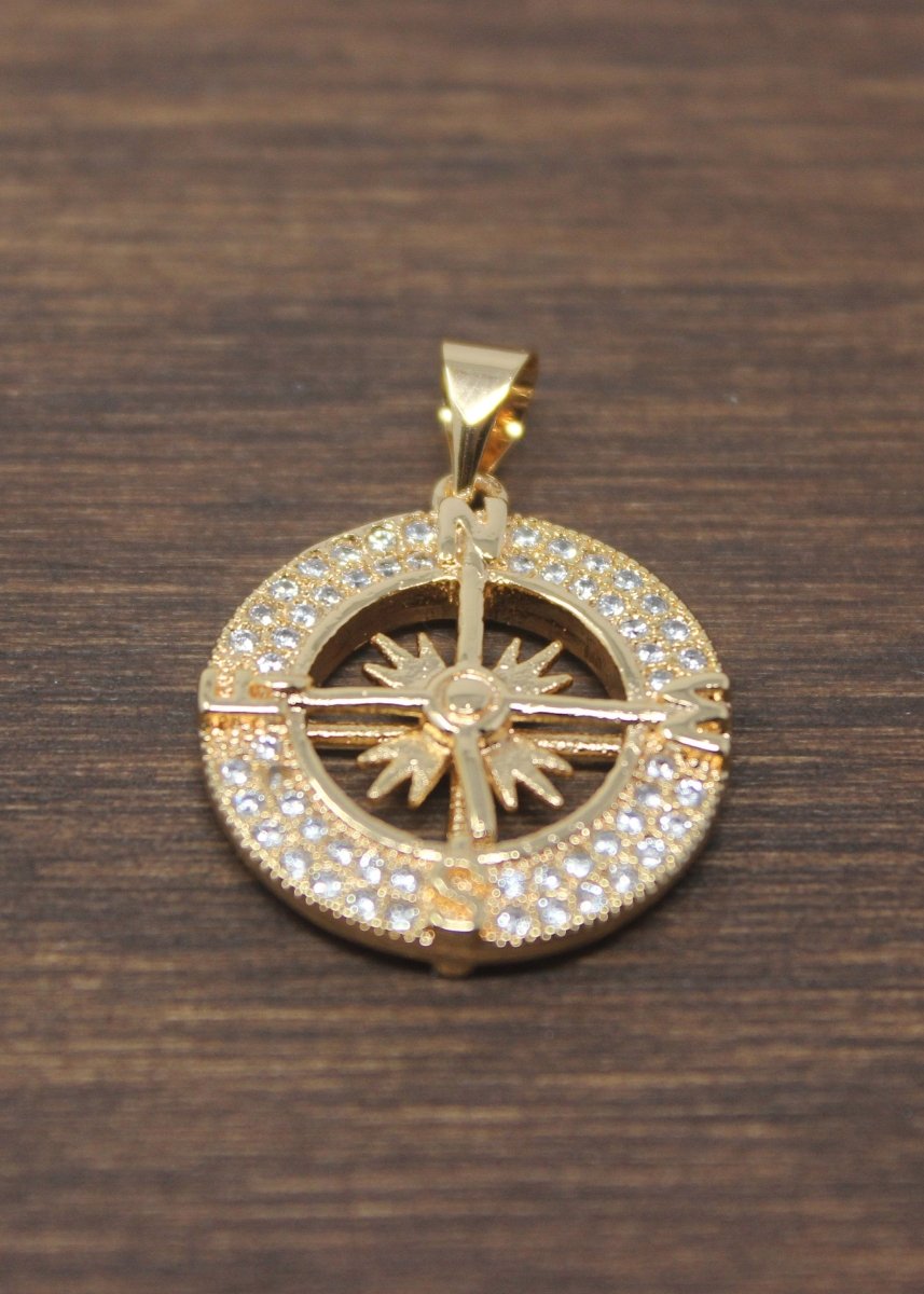 16k Gold Compass, Navigation, Gift for Traveler, Journey, Travel, Cubic Zirconia Necklace Pendant Charm Bead Bails Findings Jewelry Making H-795