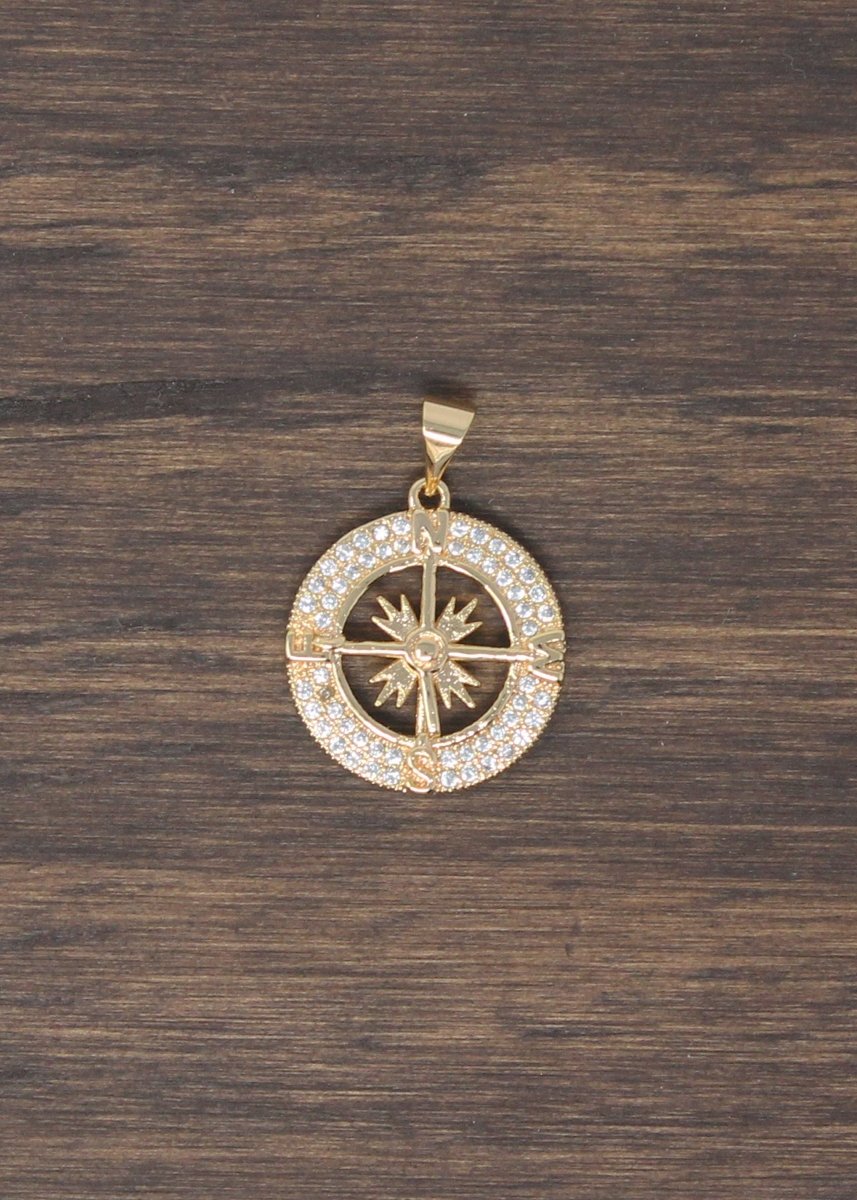 16k Gold Compass, Navigation, Gift for Traveler, Journey, Travel, Cubic Zirconia Necklace Pendant Charm Bead Bails Findings Jewelry Making H-795