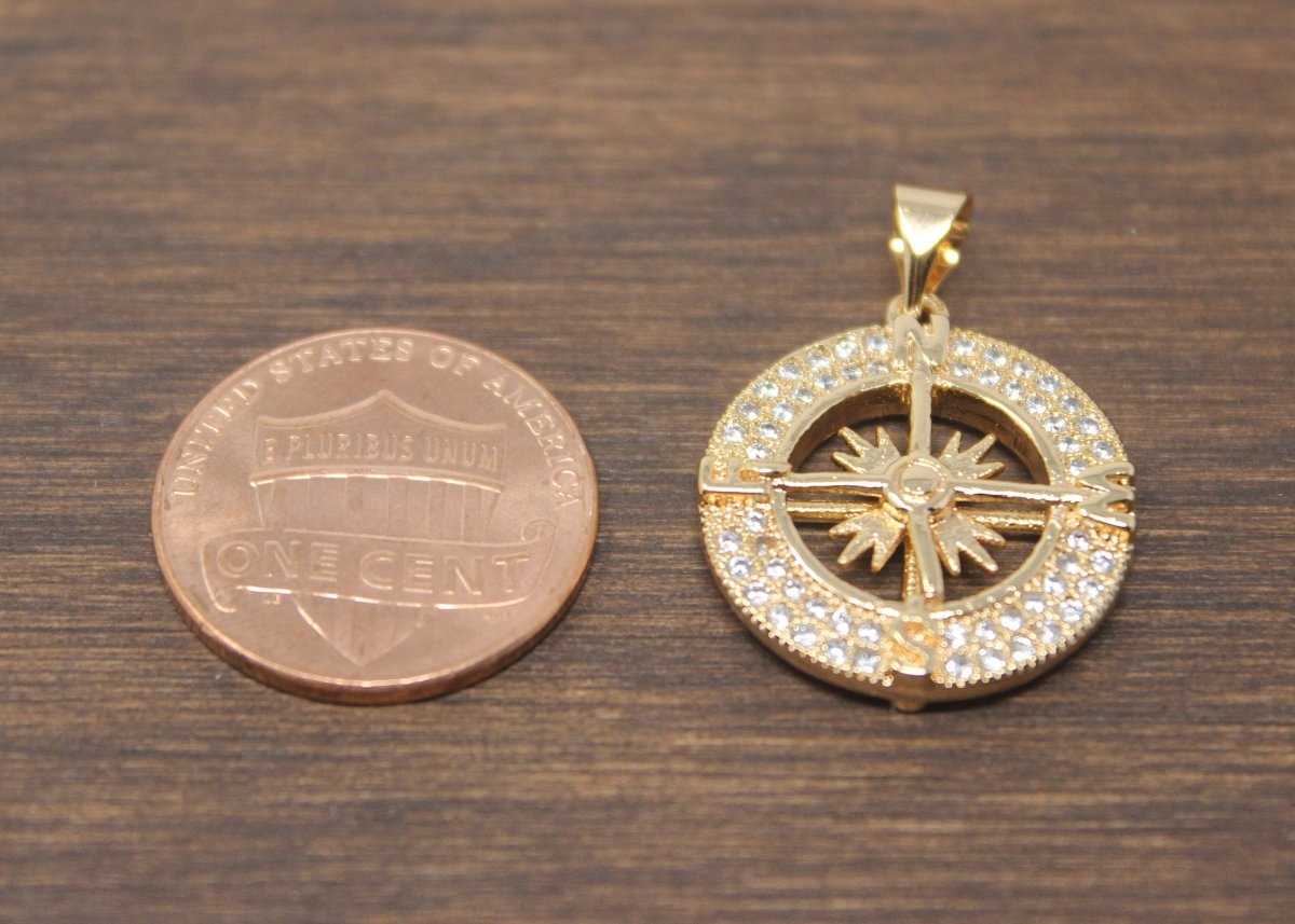 16k Gold Compass, Navigation, Gift for Traveler, Journey, Travel, Cubic Zirconia Necklace Pendant Charm Bead Bails Findings Jewelry Making H-795