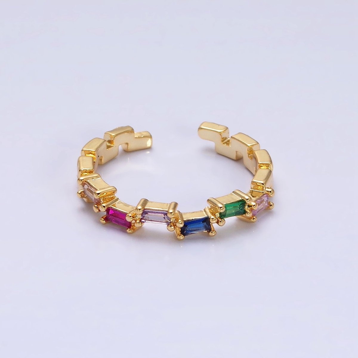 16K Gold Filed Clear, Green, Multicolor CZ Baguette Lined Adjustable Ring | O-1581~O-1586