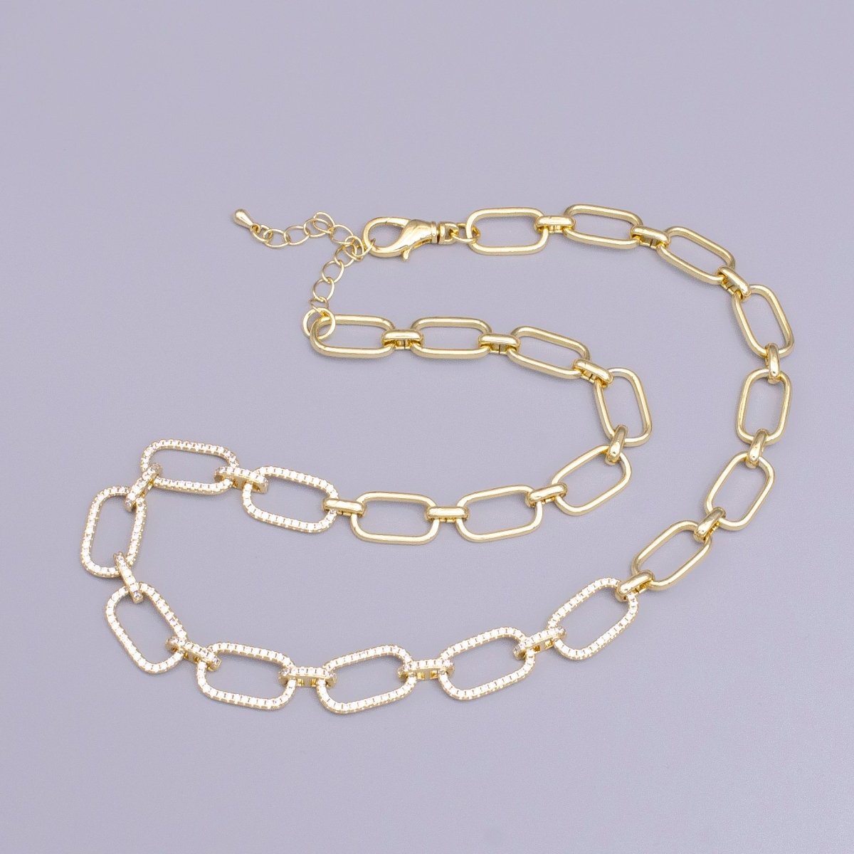 16K Gold Filled 10mm Half Micro Paved CZ Paperclip 17 Inch Chain Necklace in Gold & Silver | WA-1894 WA-1895 Clearance Pricing