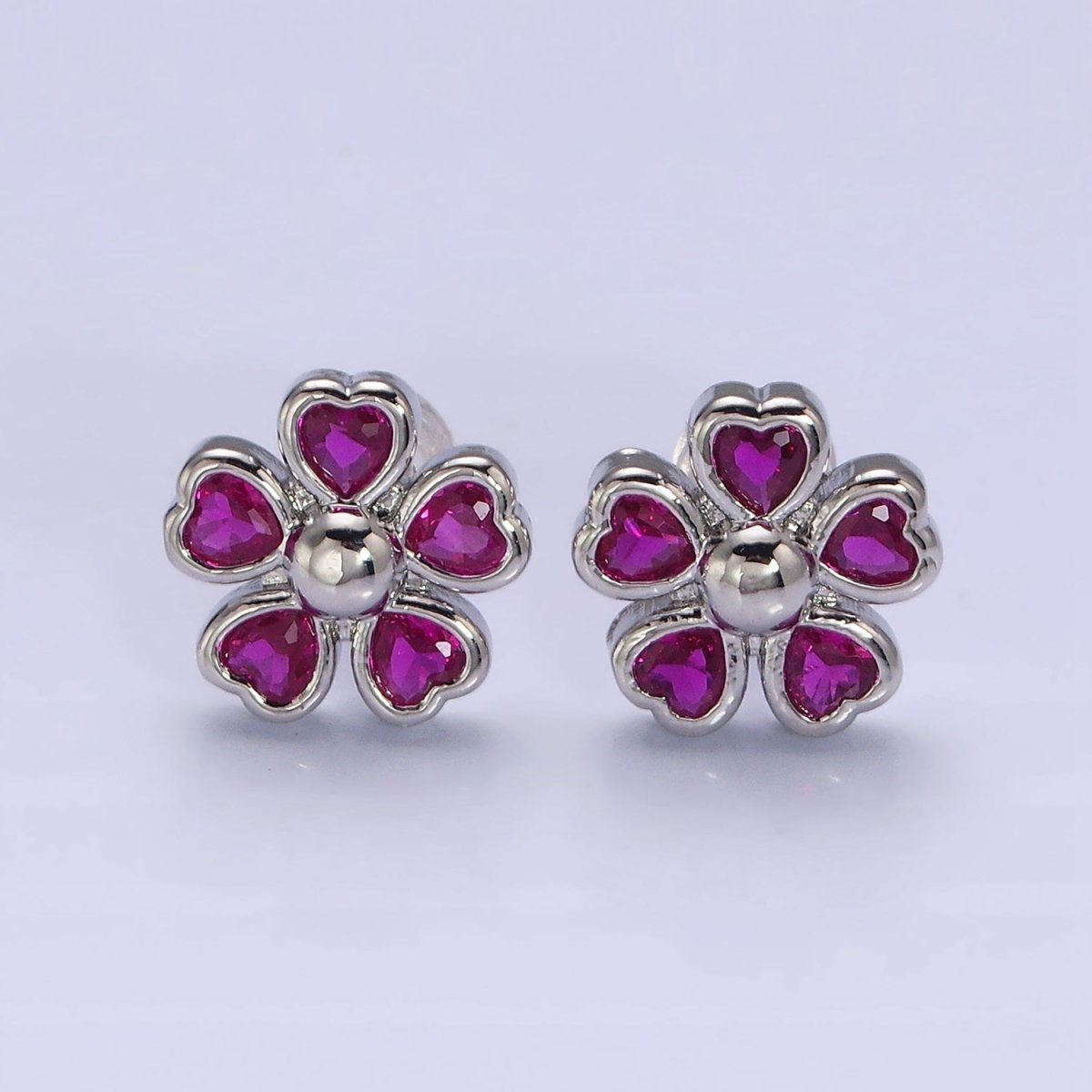 16K Gold Filled 11.5mm Clear, Green, Fuchsia Flower Heart Petal Stud Earrings in Gold & Silver | AD-436~AD-441