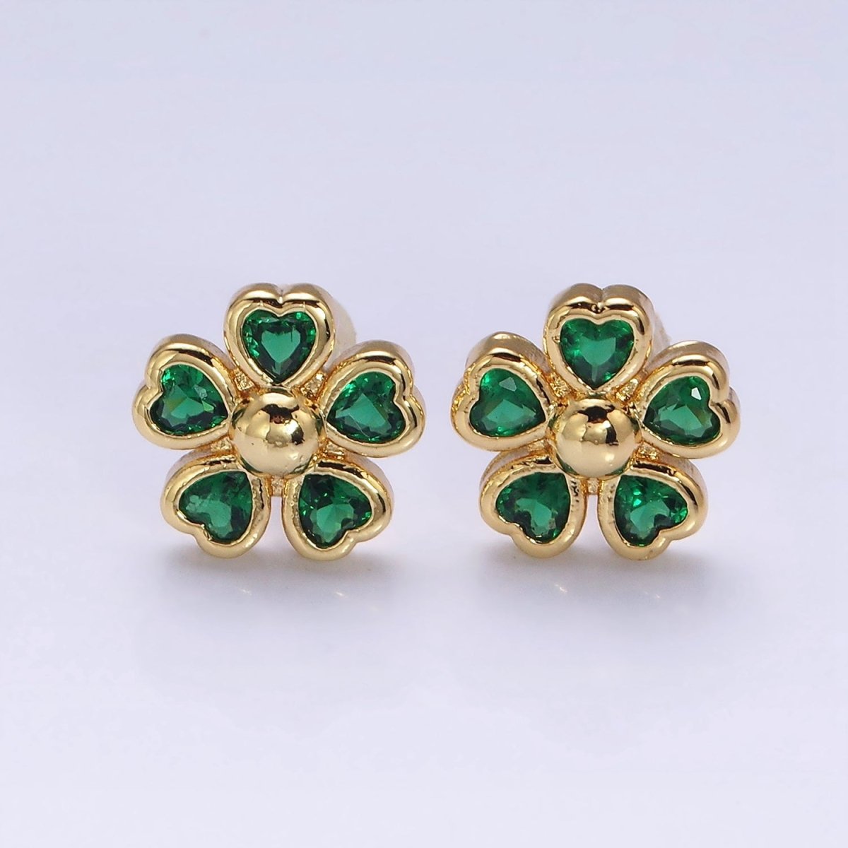 16K Gold Filled 11.5mm Clear, Green, Fuchsia Flower Heart Petal Stud Earrings in Gold & Silver | AD-436~AD-441