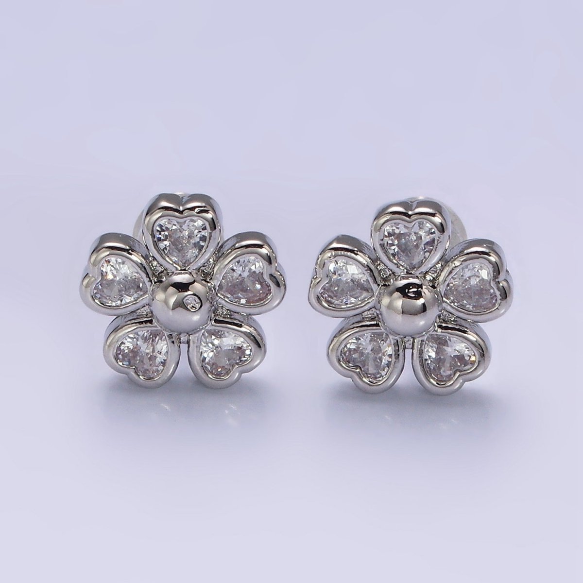 16K Gold Filled 11.5mm Clear, Green, Fuchsia Flower Heart Petal Stud Earrings in Gold & Silver | AD-436~AD-441