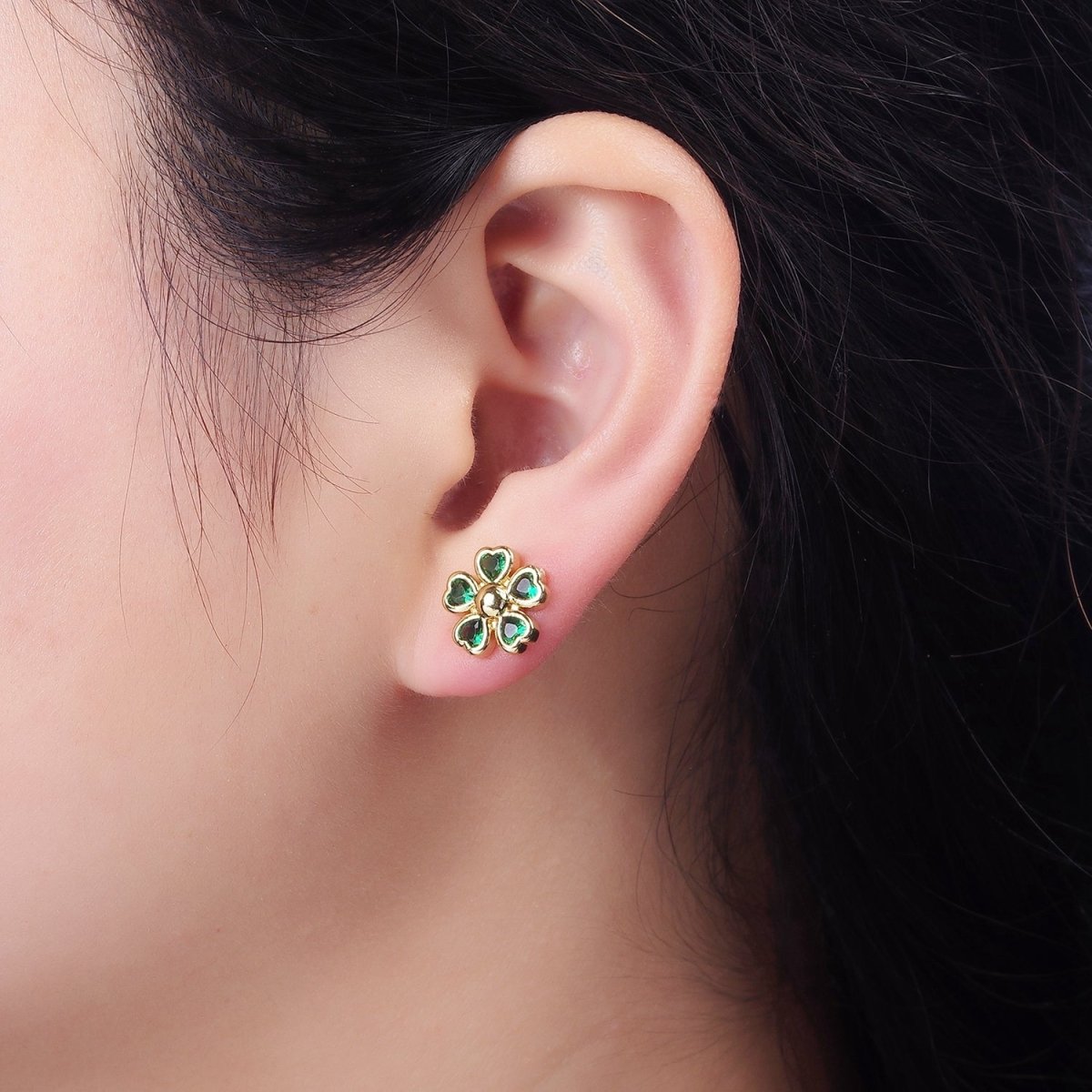 16K Gold Filled 11.5mm Clear, Green, Fuchsia Flower Heart Petal Stud Earrings in Gold & Silver | AD-436~AD-441
