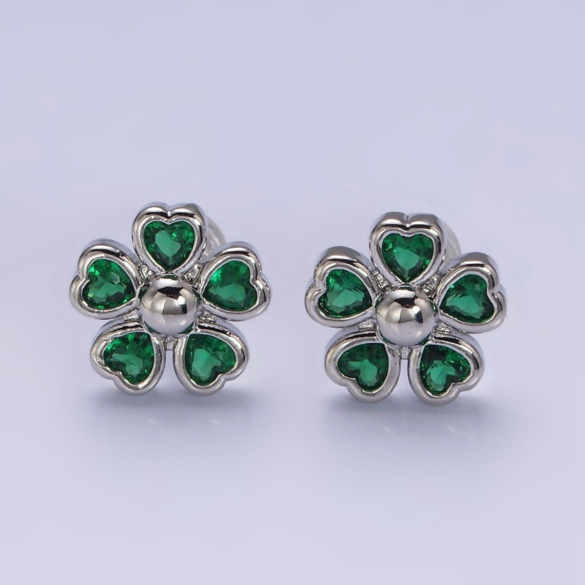 16K Gold Filled 11.5mm Clear, Green, Fuchsia Flower Heart Petal Stud Earrings in Gold & Silver | AD-436~AD-441
